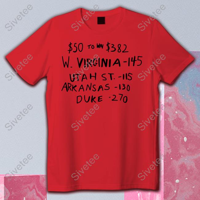$50 To Win $382 W. Virginia -145 Utah St.- 115 Arkansas-110 Duke -270 Hoodie